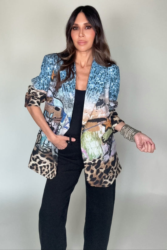 Blue Sequin Print Graphic Blazer - Born To Glam Born To Glam