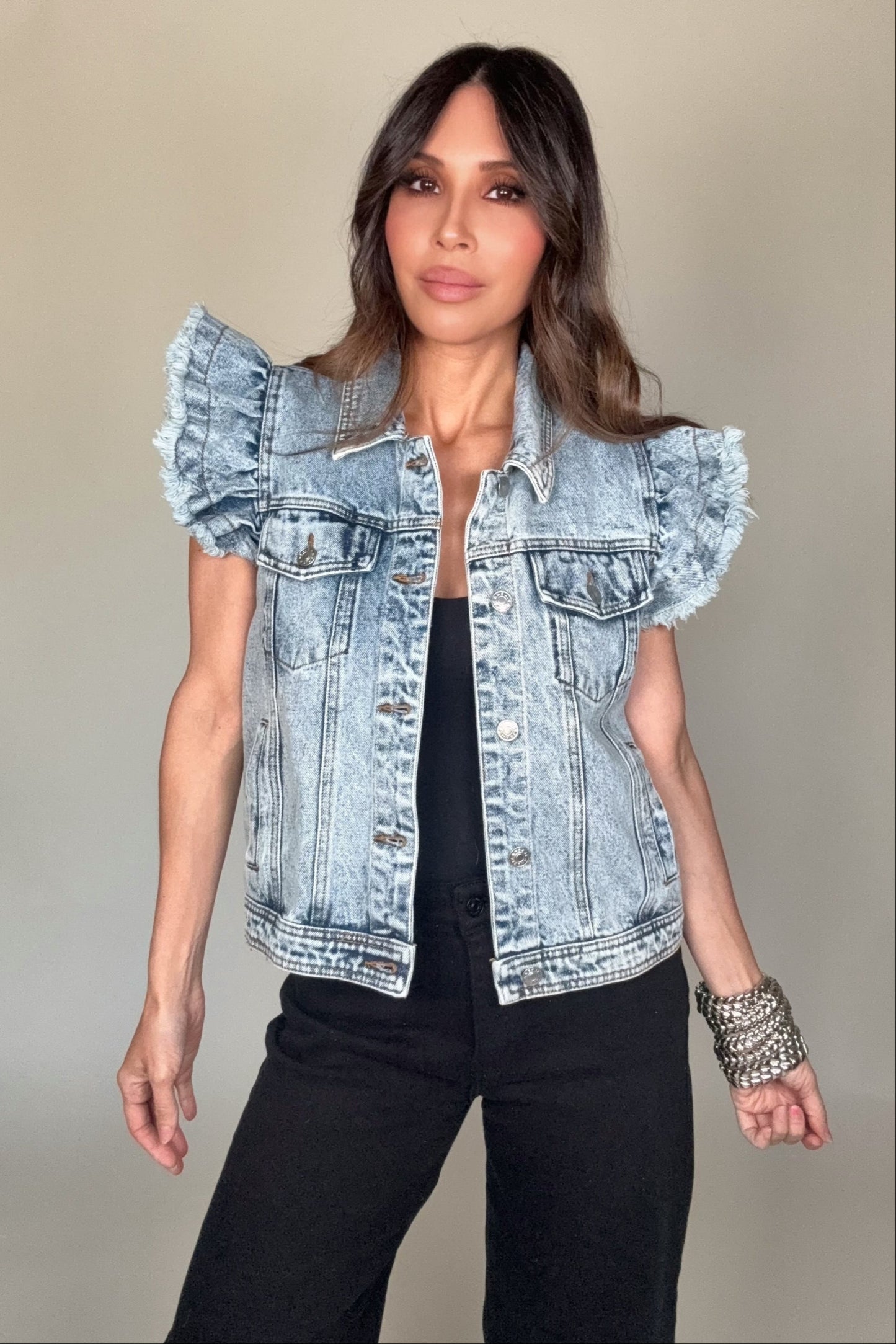 Washed Ruffle Sleeve Button-Up Denim Jacket - Born To Glam Born To Glam