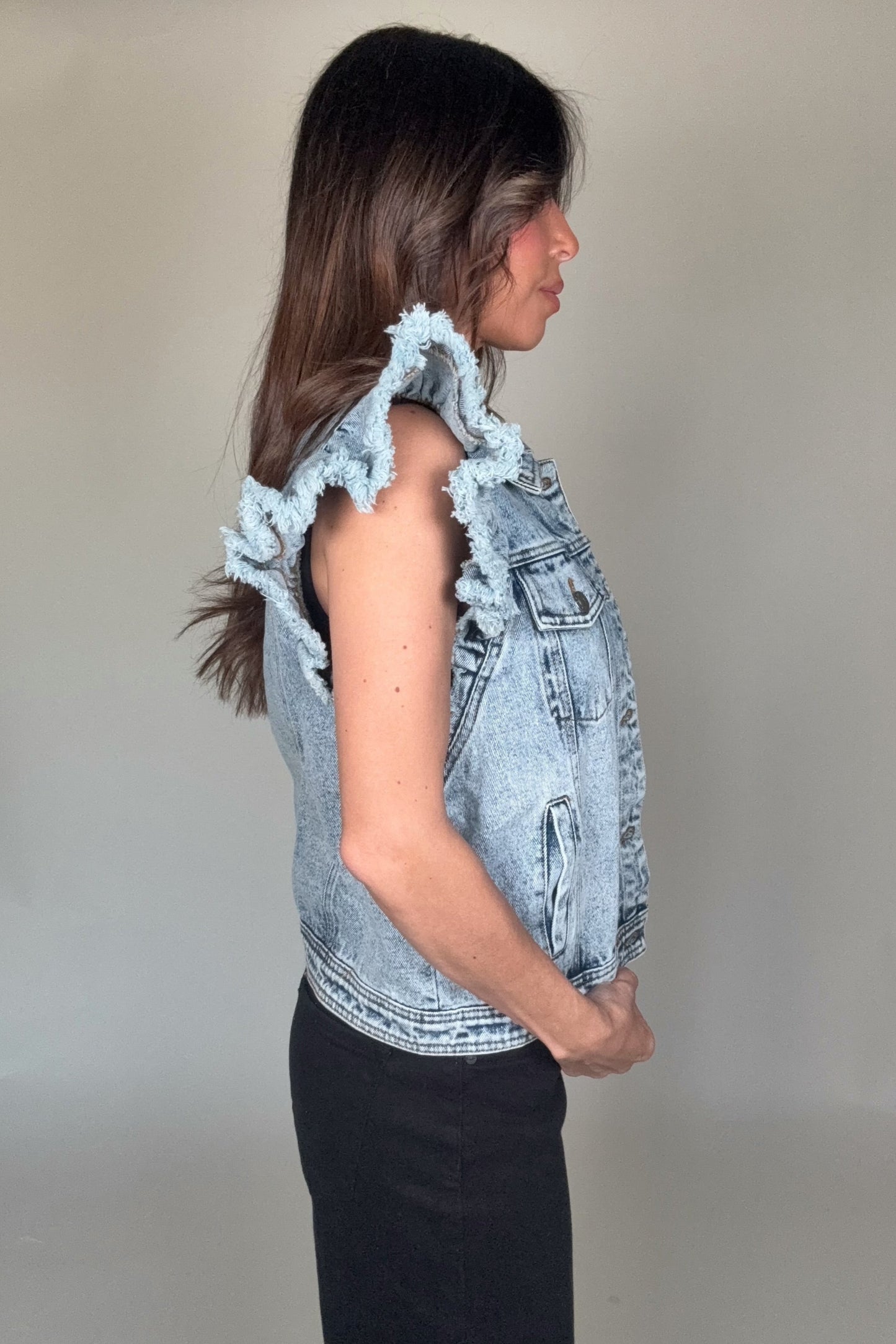 Washed Ruffle Sleeve Button-Up Denim Jacket - Born To Glam Born To Glam