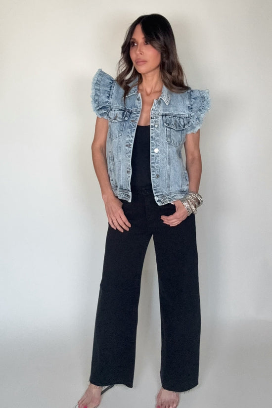 Washed Ruffle Sleeve Button-Up Denim Jacket - Born To Glam Born To Glam