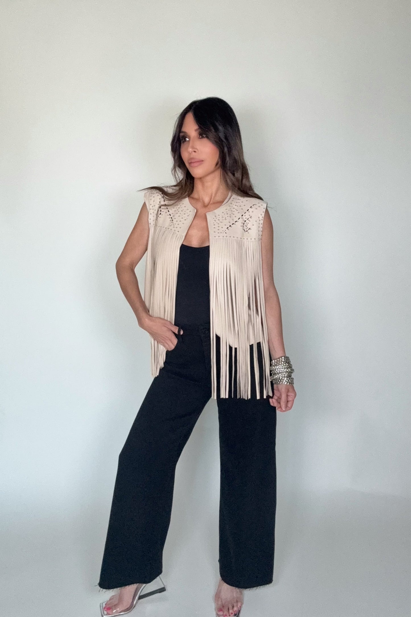 Beaded Yoke Faux Leather Fringe Vest - Born To Glam Born To Glam