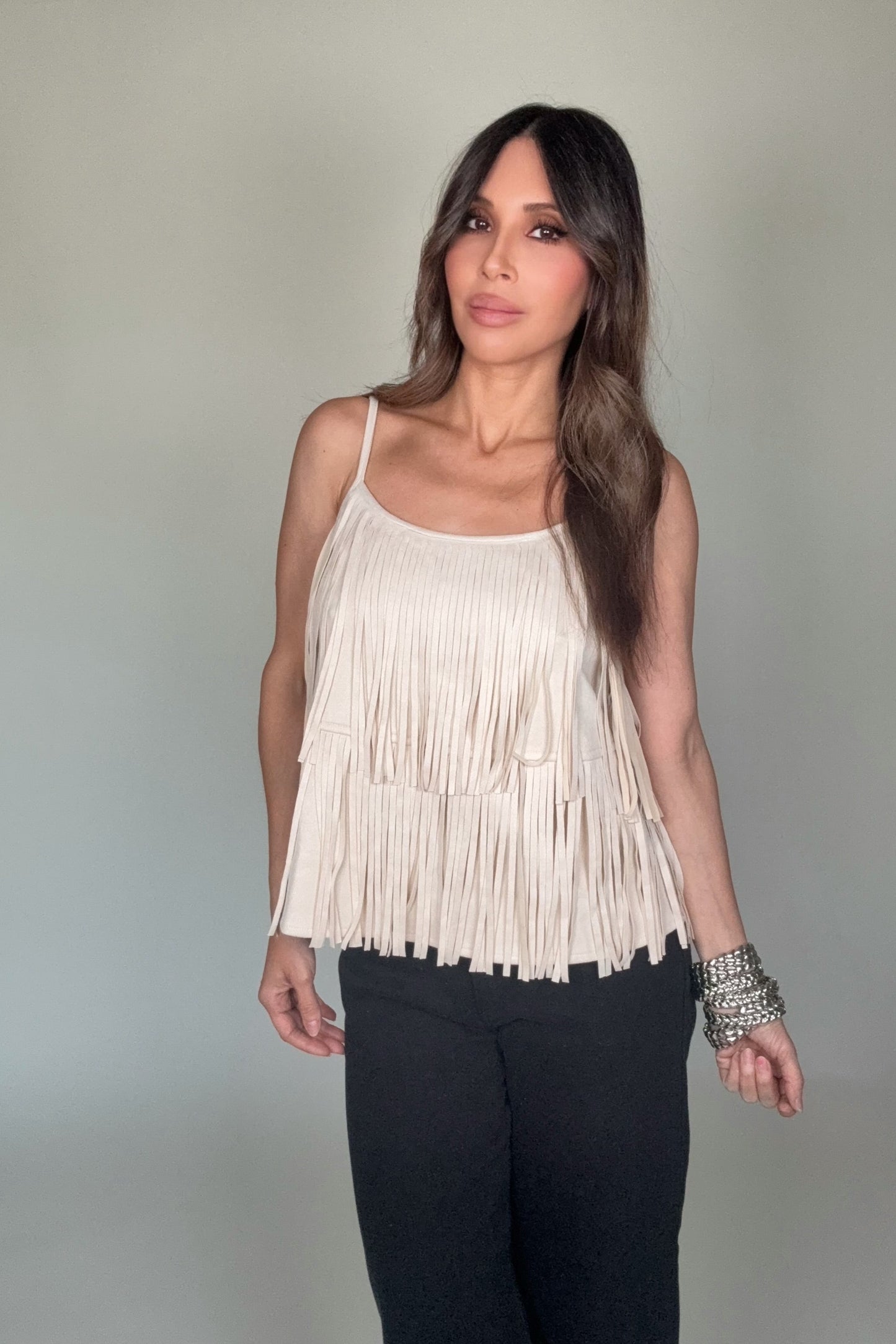 Cream Fringe Faux Suede Cami Top - Born To Glam Born To Glam