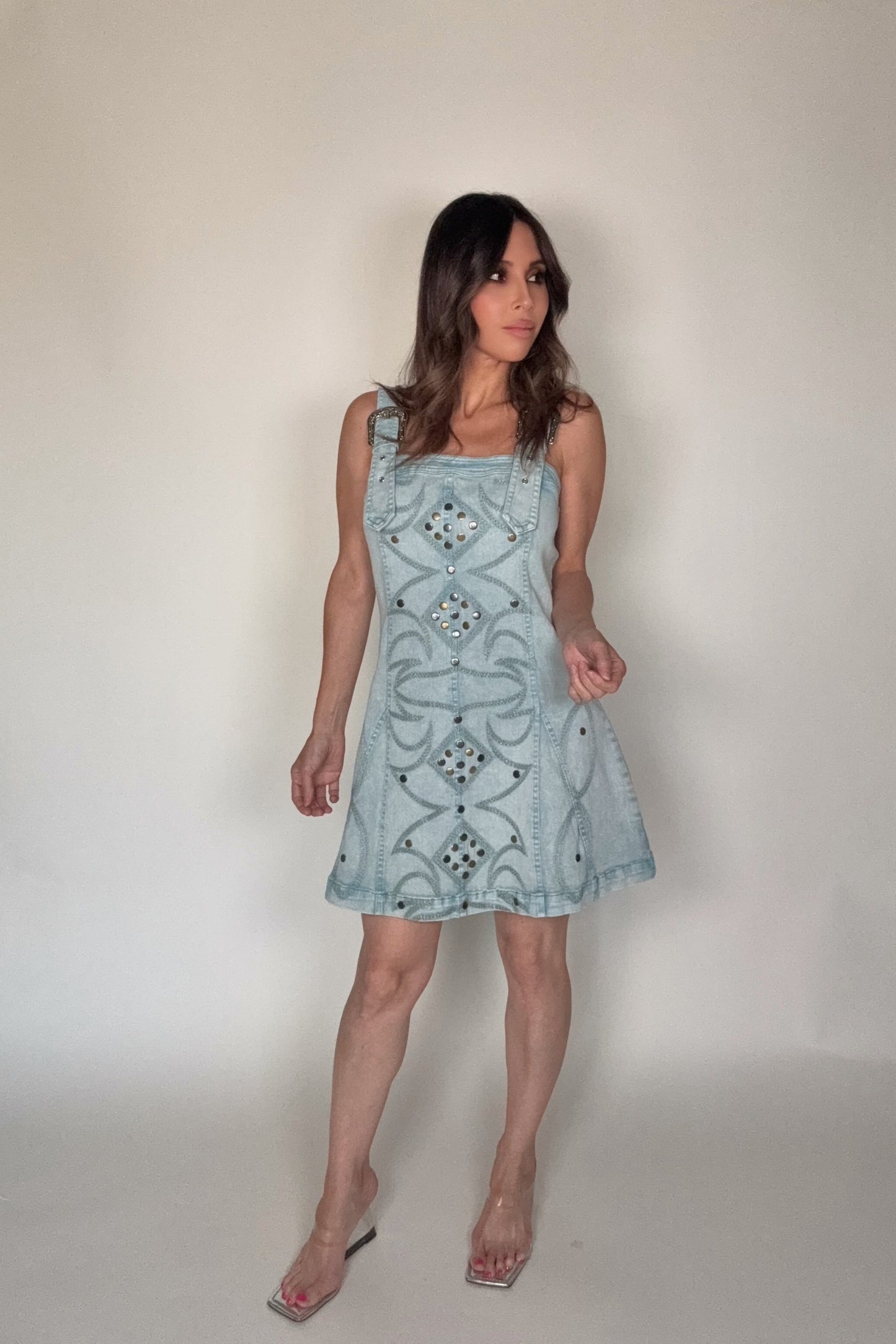 Studded Western Buckle Stretch Denim Dress - Born To Glam Born To Glam