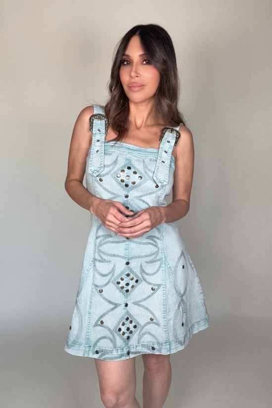 Studded Western Buckle Stretch Denim Dress - Born To Glam Born To Glam