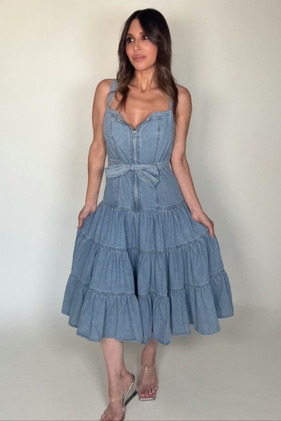 Denim Tiered Zip Midi Dress - Born To Glam Born To Glam
