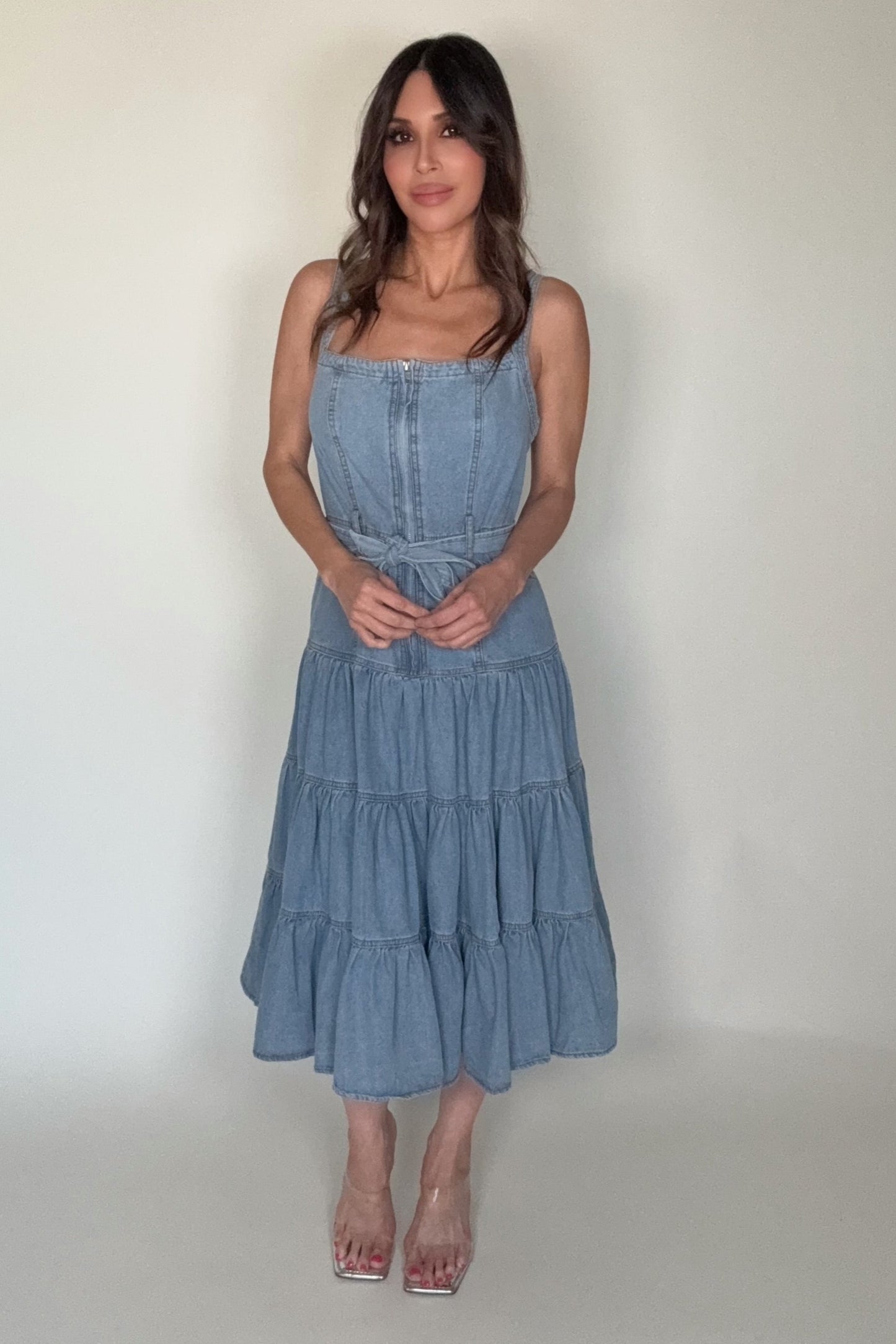 Denim Tiered Zip Midi Dress - Born To Glam Born To Glam