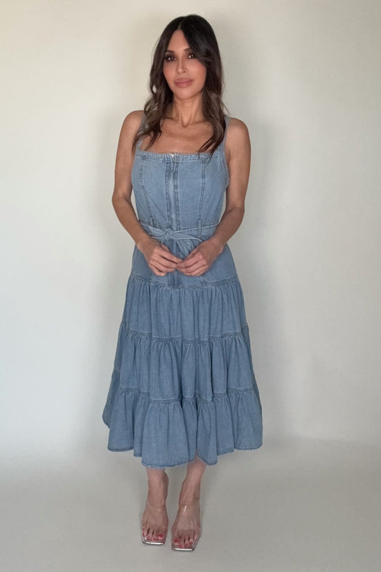 Denim Tiered Zip Midi Dress - Born To Glam Born To Glam