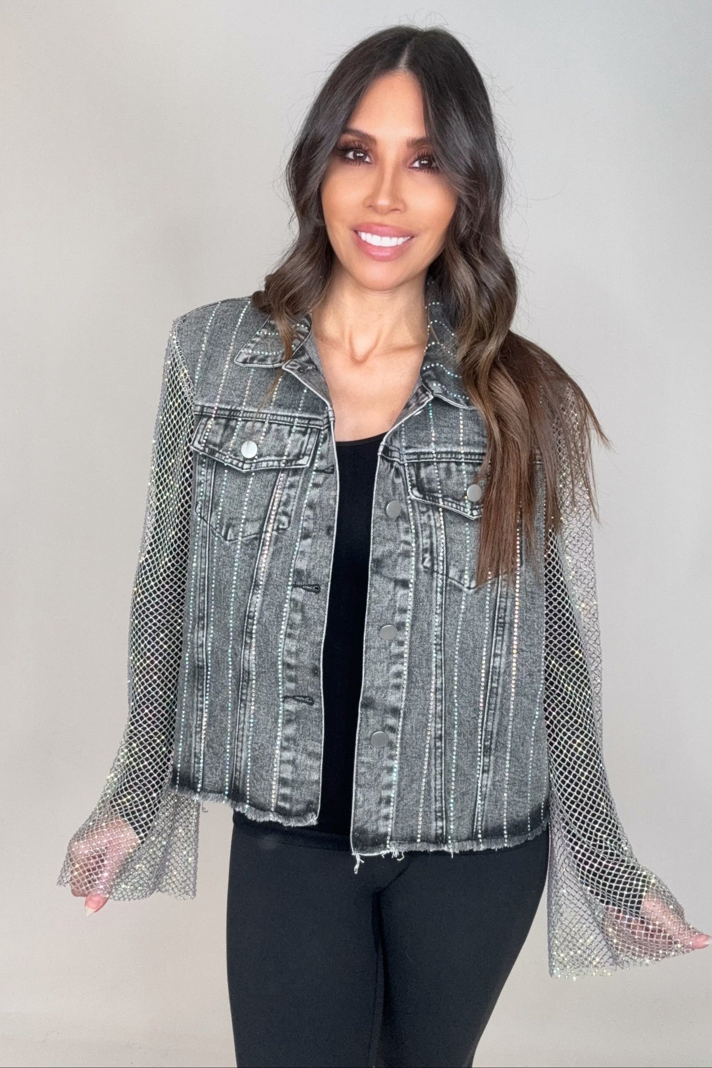 Grey Denim Crystal Mesh Sleeve Jacket - Born To Glam Born To Glam