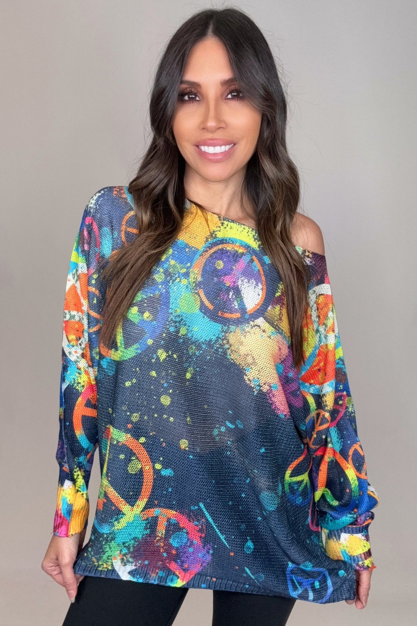 Peace and Love Navy Round Neck Knit Printed Sweater - Born To Glam Born To Glam