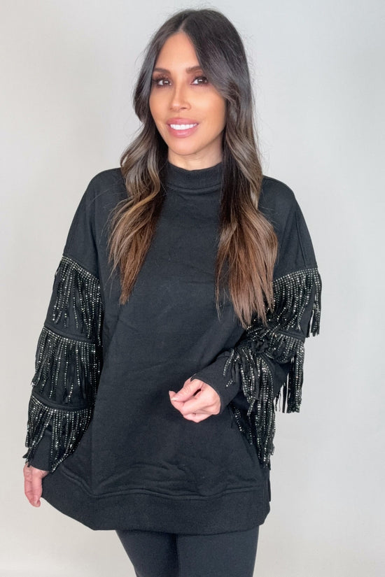 Black Studded Fringe Sleeve Top - Born To Glam Born To Glam