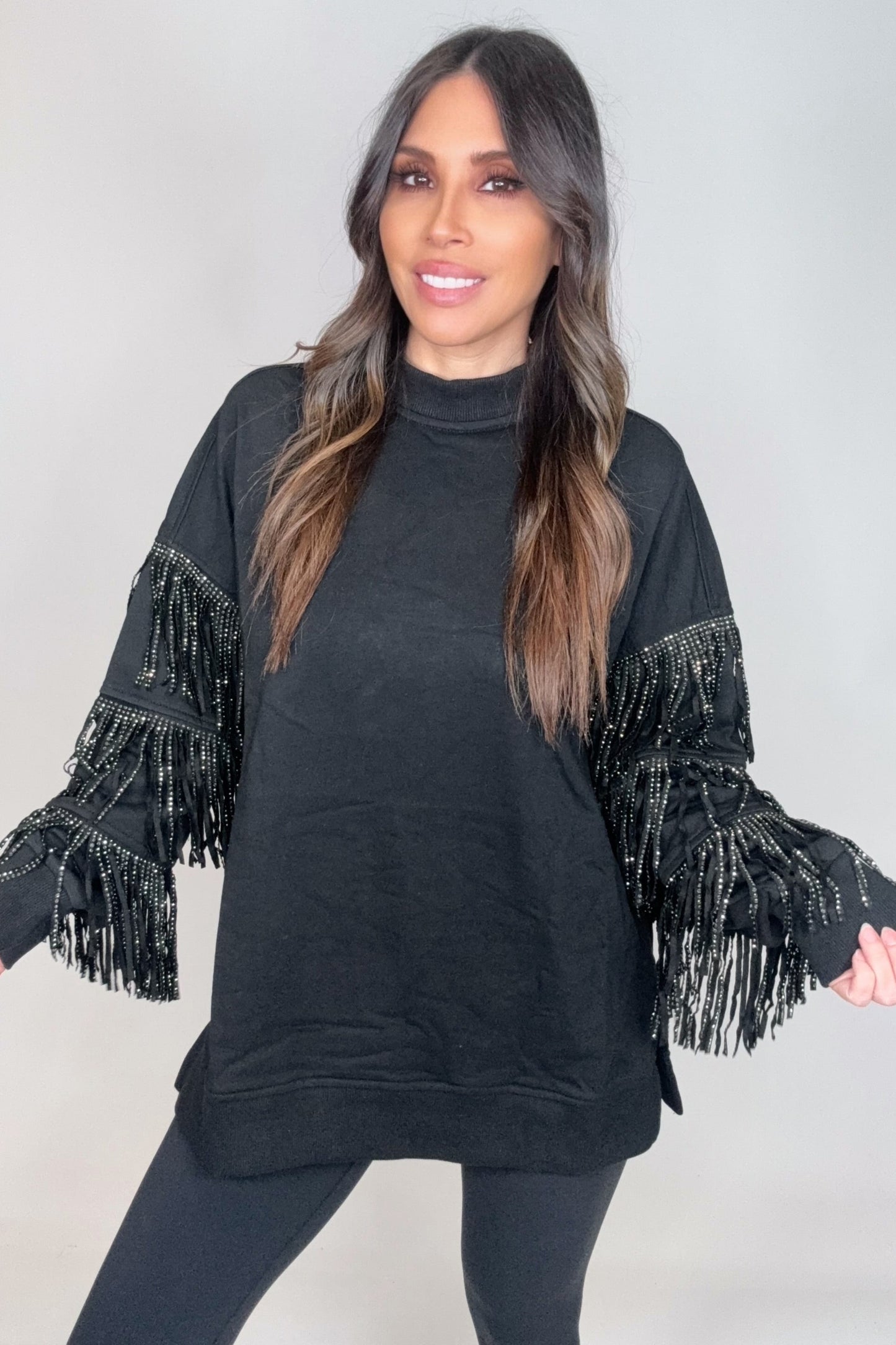 Black Studded Fringe Sleeve Top - Born To Glam Born To Glam