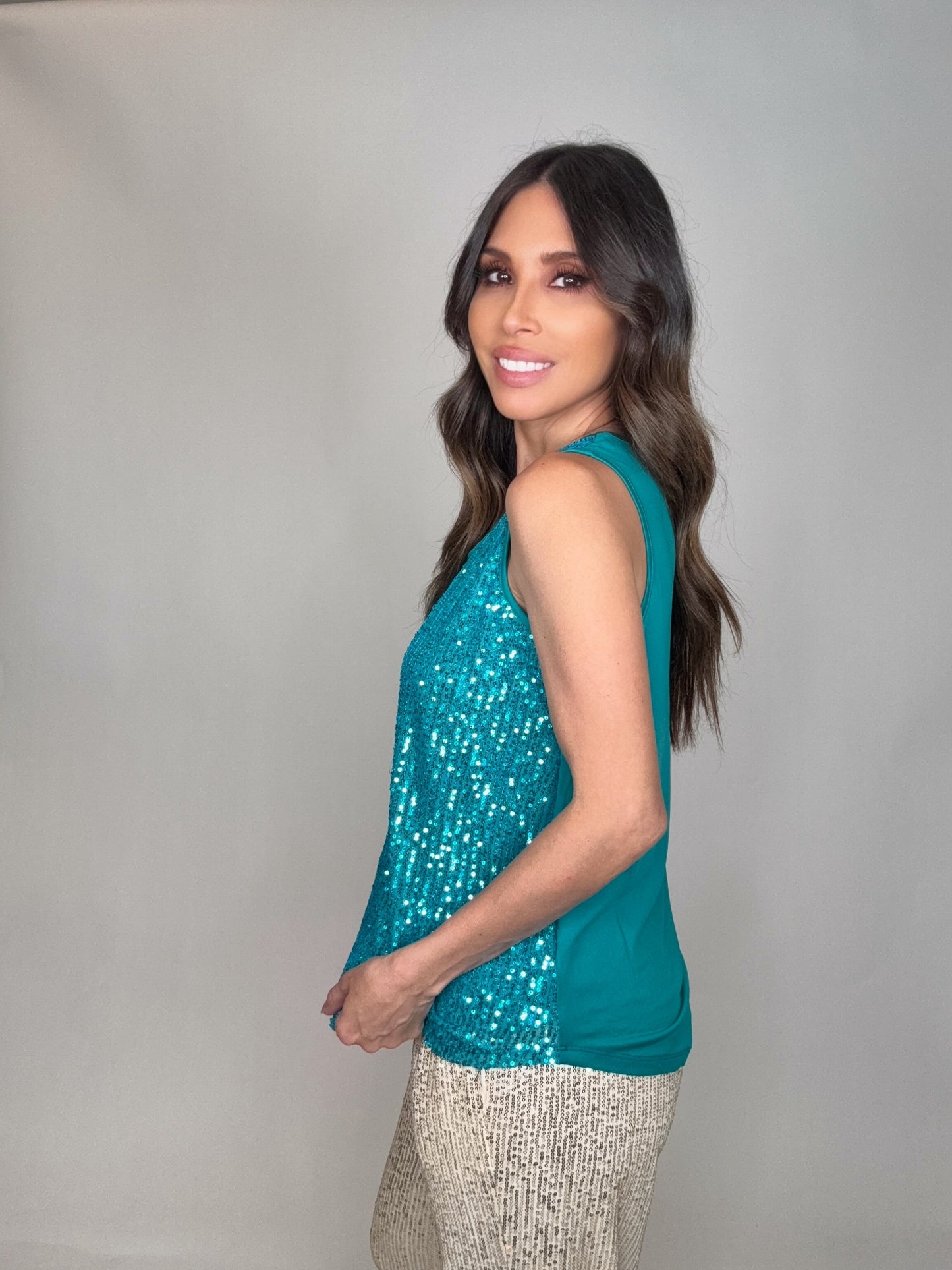 Peacock Blue Sequin Tank Top - Born To Glam Born To Glam