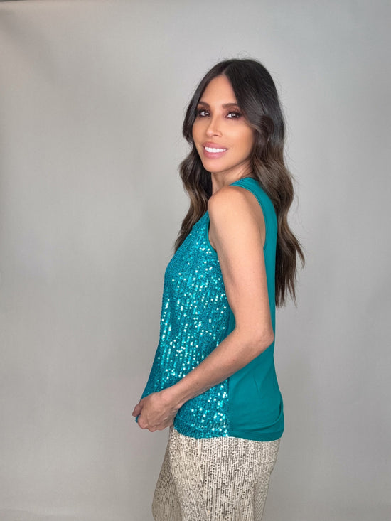 Peacock Blue Sequin Tank Top - Born To Glam Born To Glam