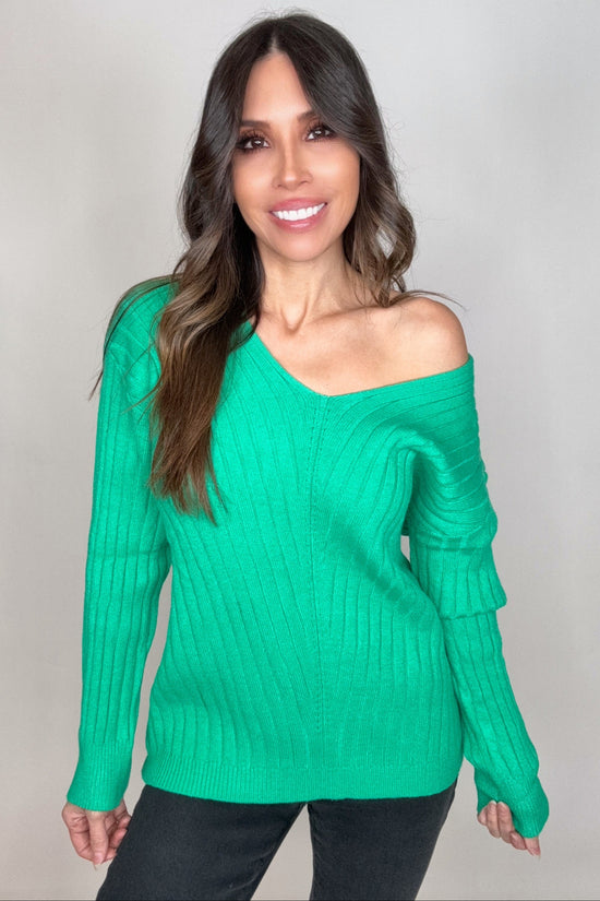 Green V-Neck Drop Shoulder Ribbed Knitted Sweater - Born To Glam Born To Glam