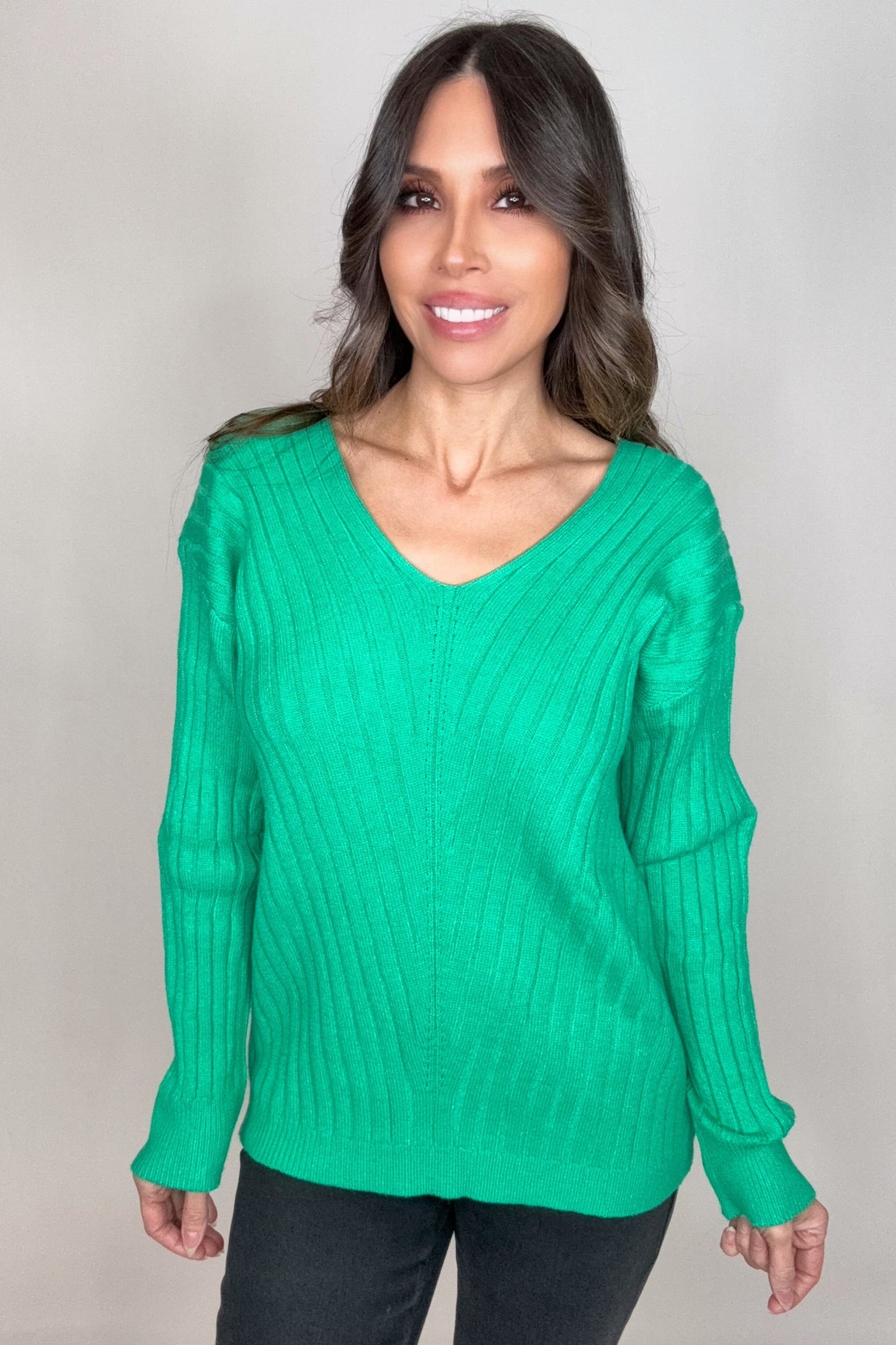 Green V-Neck Drop Shoulder Ribbed Knitted Sweater - Born To Glam Born To Glam