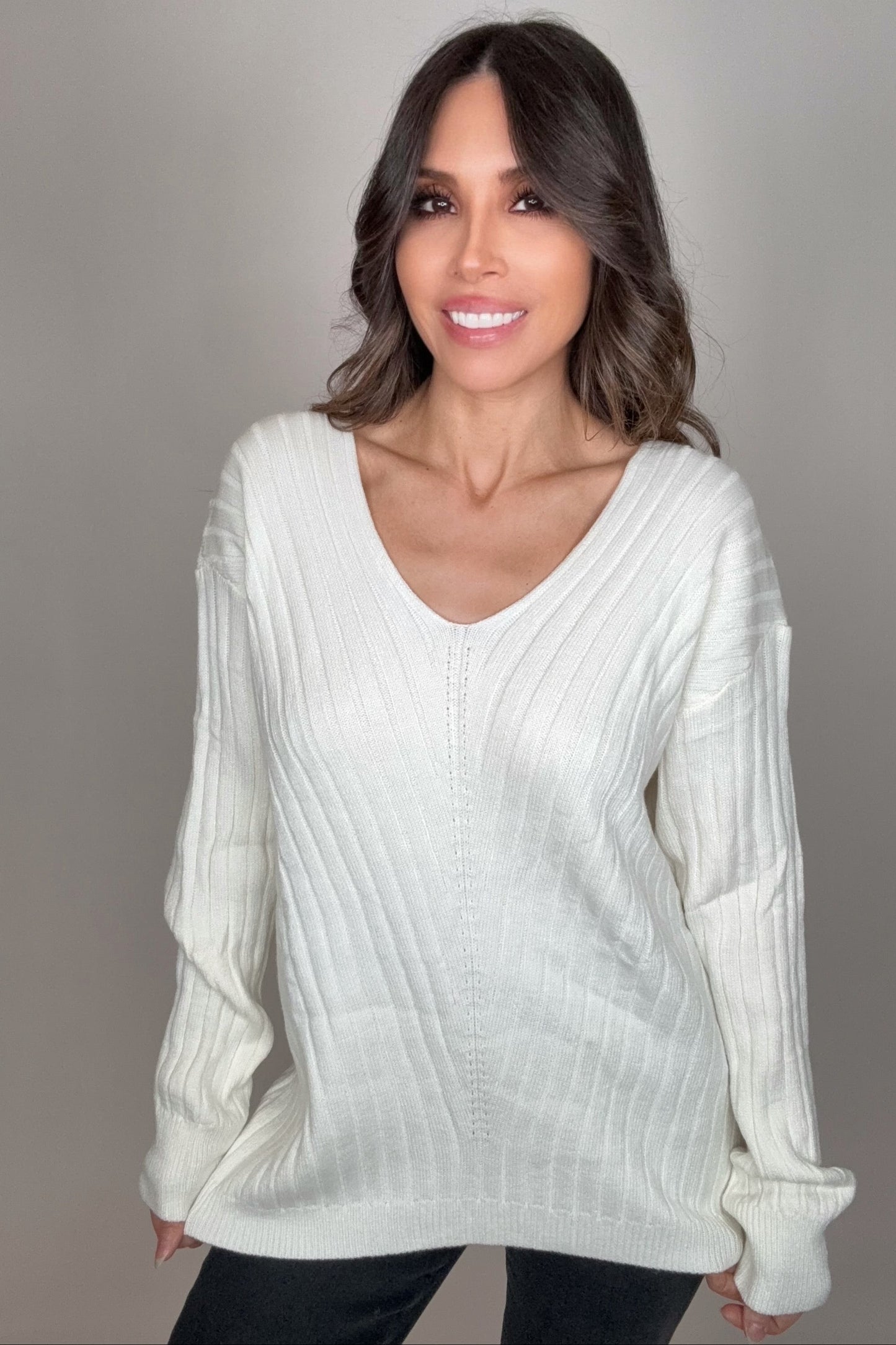 Off-White V-Neck Drop Shoulder Ribbed Knitted Sweater - Born To Glam Born To Glam