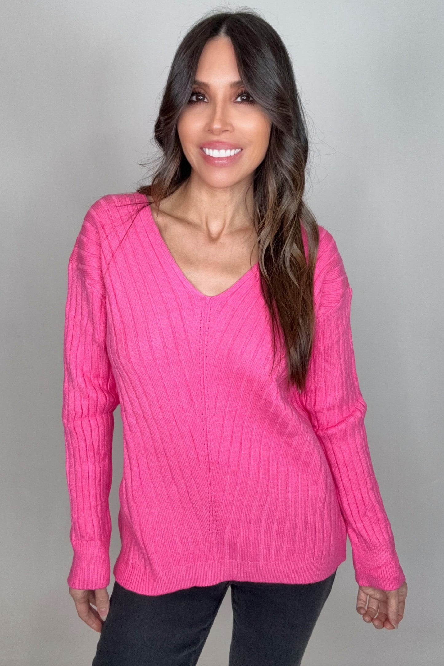 Fuchsia V-Neck Drop Shoulder Ribbed Knitted Sweater - Born To Glam Born To Glam
