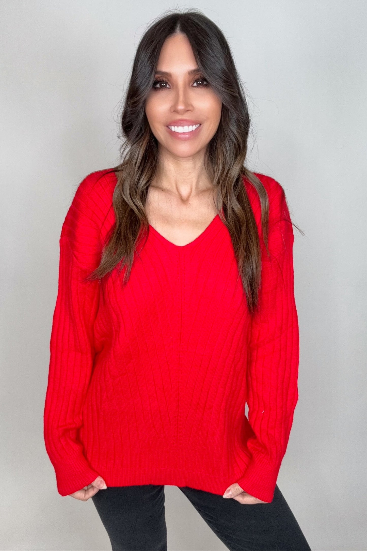 Red V-Neck Drop Shoulder Ribbed Knitted Sweater - Born To Glam Born To Glam