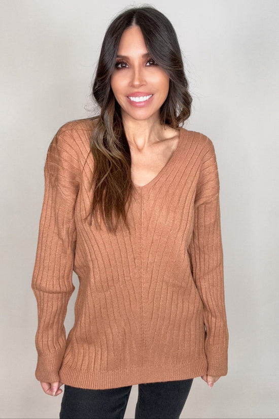 Mocha V-Neck Drop Shoulder Ribbed Knitted Sweater - Born To Glam Born To Glam
