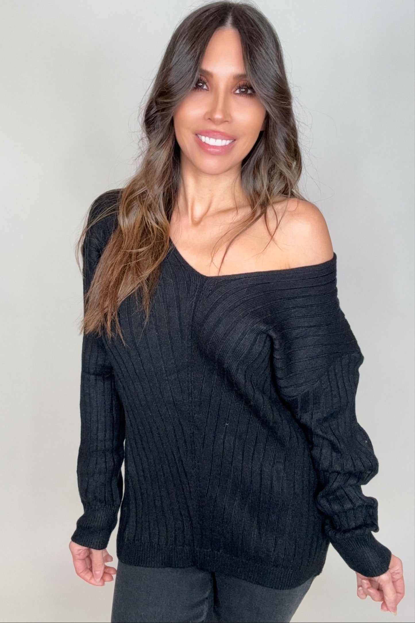 Black V-Neck Drop Shoulder Ribbed Knitted Sweater - Born To Glam Born To Glam