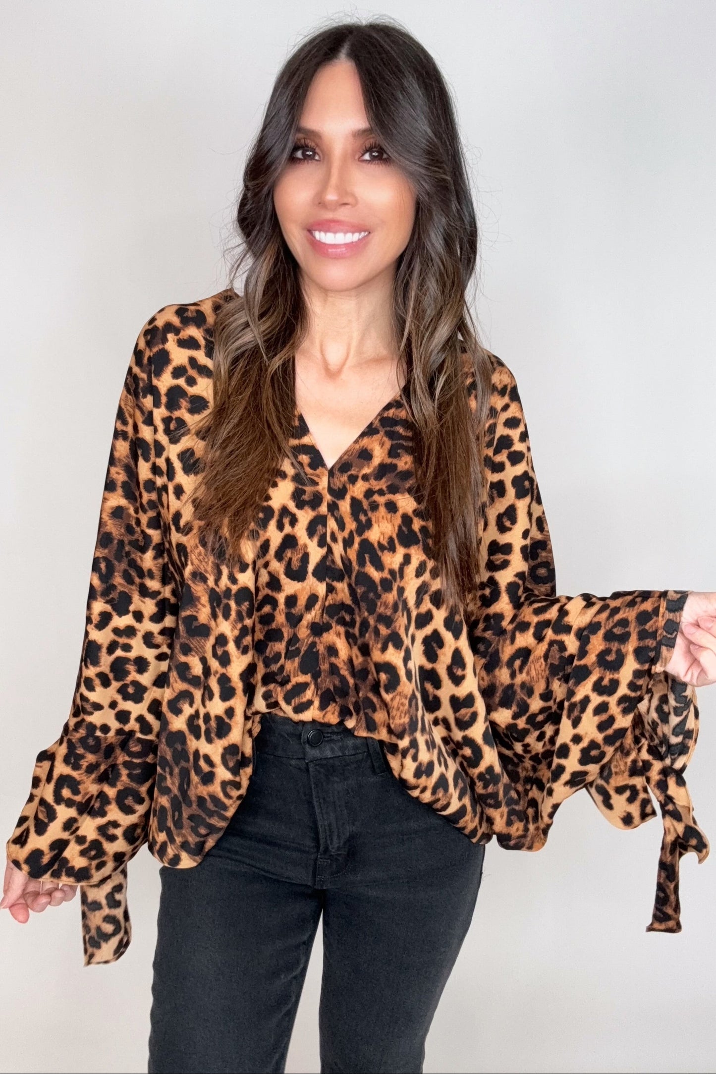 Leopard Printed Dolman Sleeve V-Neck Satin Blouse - Born To Glam Born To Glam
