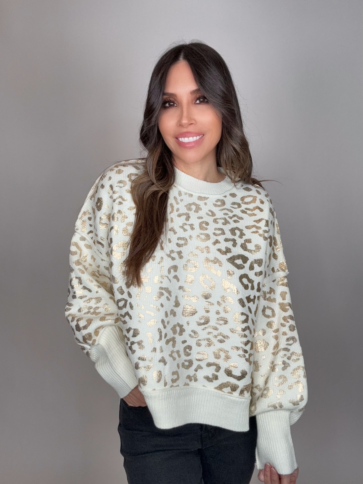 Gold Foil Leopard Print Crew Neck Knitted Sweater Top - Born To Glam Born To Glam
