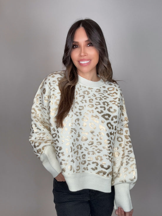 Gold Foil Leopard Print Crew Neck Knitted Sweater Top - Born To Glam Born To Glam
