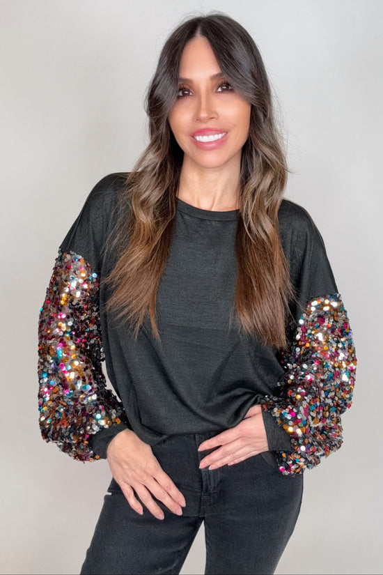 Black Multi-Color Sequin Detail Long Balloon Sleeve Soft Knitted Top - Born To Glam Born To Glam