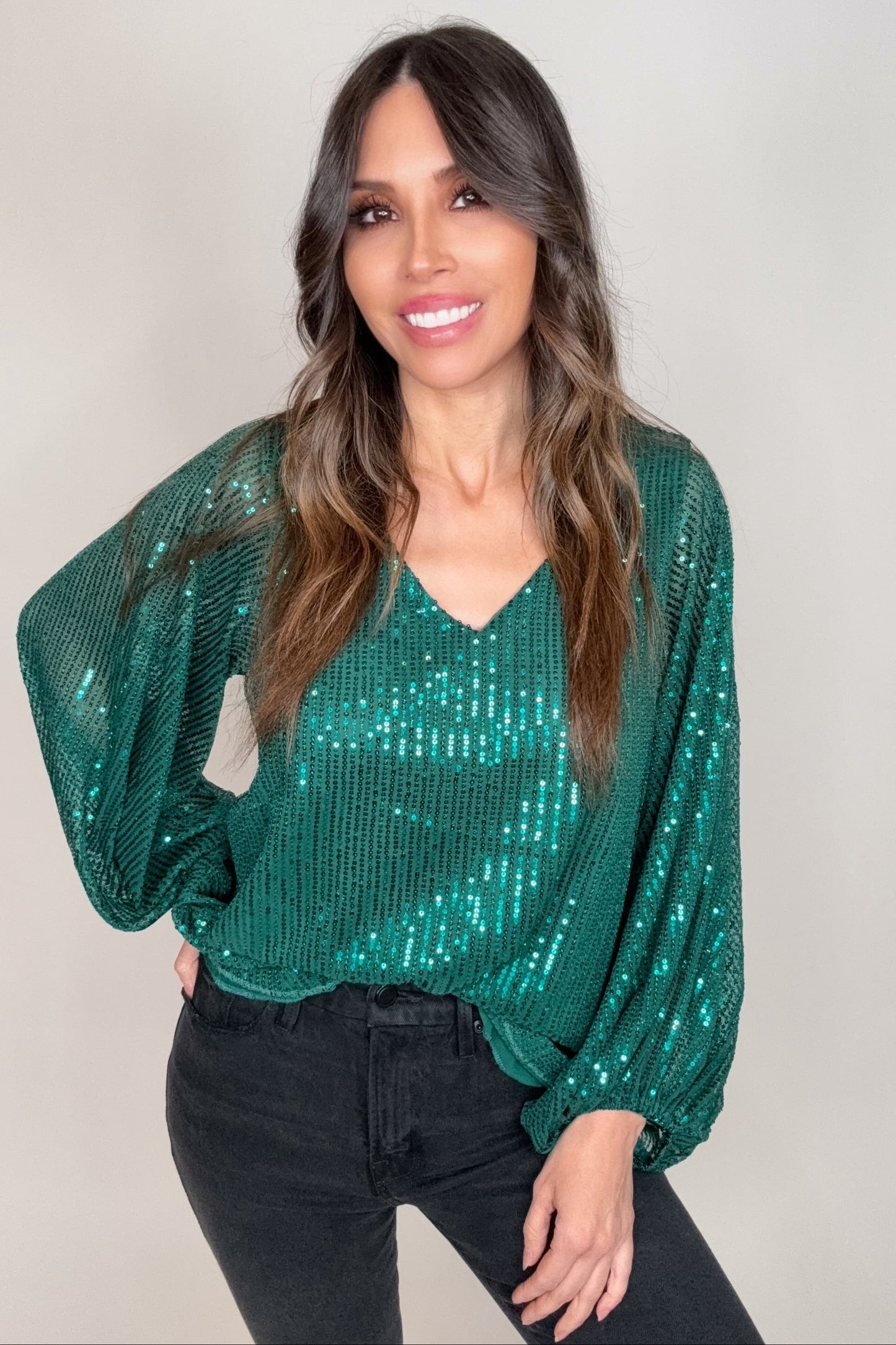 Hunter Green V-Neck Balloon Sleeves Sequin Blouse Top - Born To Glam Born To Glam