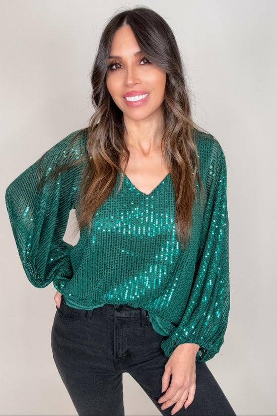 Hunter Green V-Neck Balloon Sleeves Sequin Blouse Top - Born To Glam Born To Glam