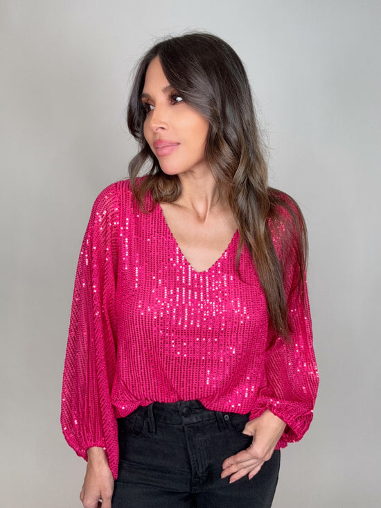 Fuchsia V-Neck Balloon Sleeves Sequin Blouse Top - Born To Glam Born To Glam