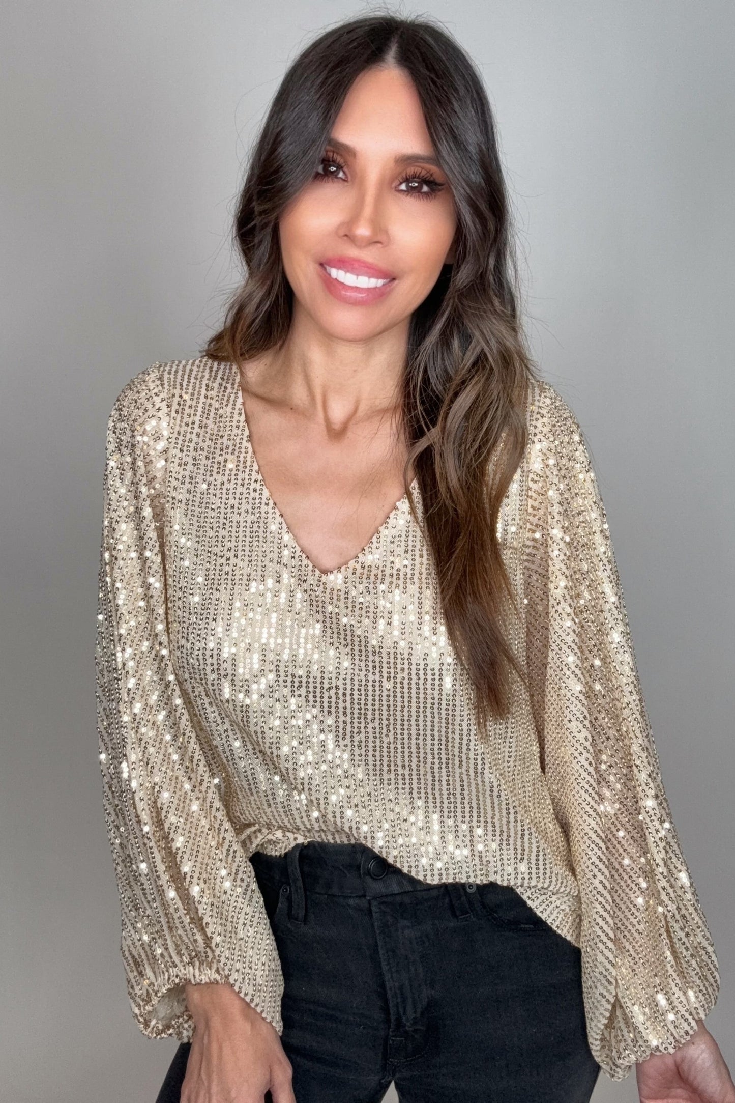 Gold V-Neck Balloon Sleeves Sequin Blouse Top - Born To Glam Born To Glam