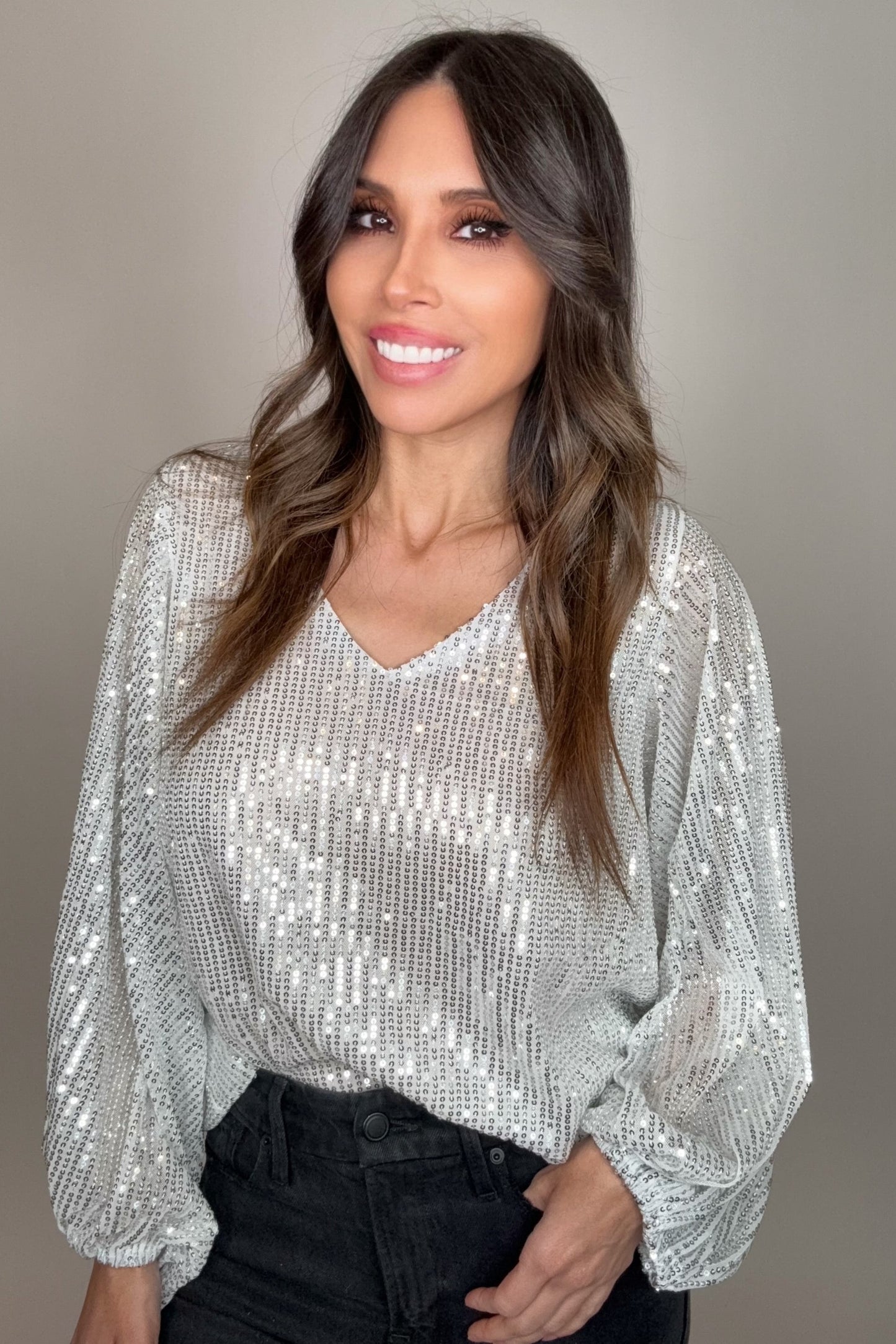 Silver V-Neck Balloon Sleeves Sequin Blouse Top - Born To Glam Born To Glam