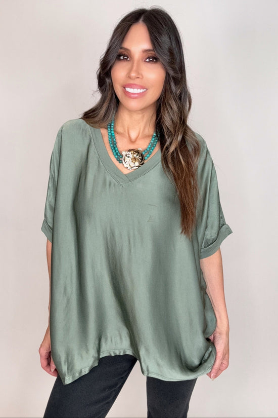 Olive Dressy Satin Front Fluid Blouse - Born To Glam Born To Glam