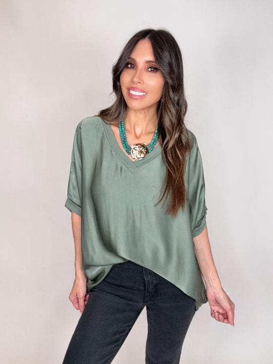 Olive Dressy Satin Front Fluid Blouse - Born To Glam Born To Glam