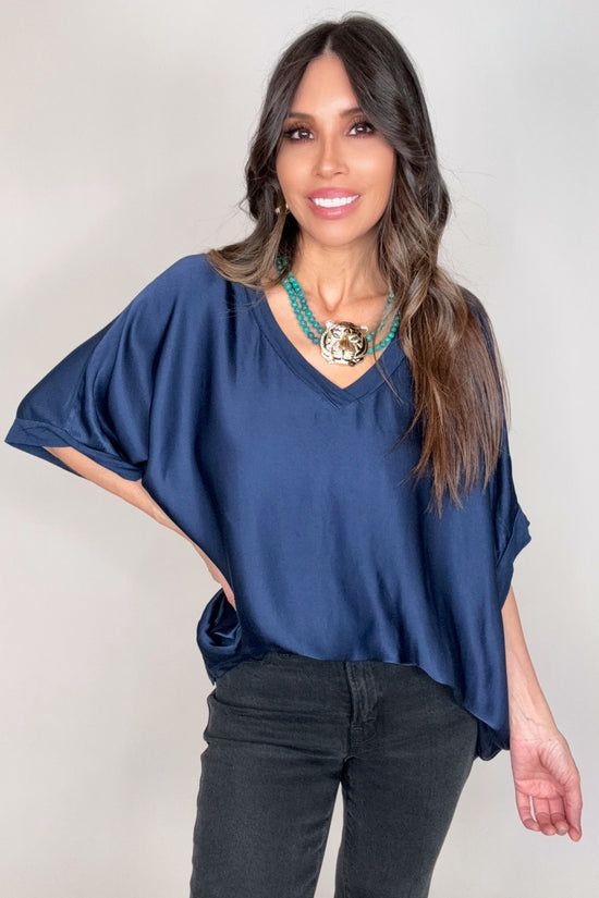 Navy Dressy Satin Front Fluid Blouse - Born To Glam Born To Glam