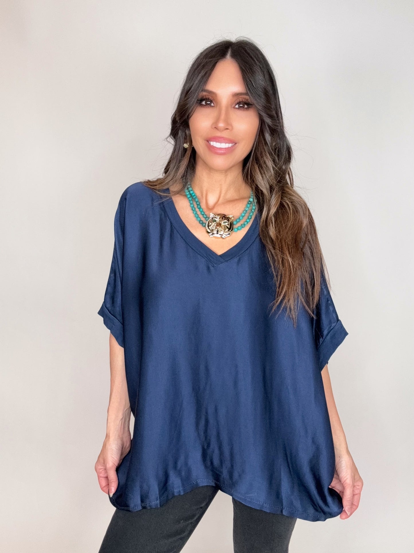 Navy Dressy Satin Front Fluid Blouse - Born To Glam Born To Glam