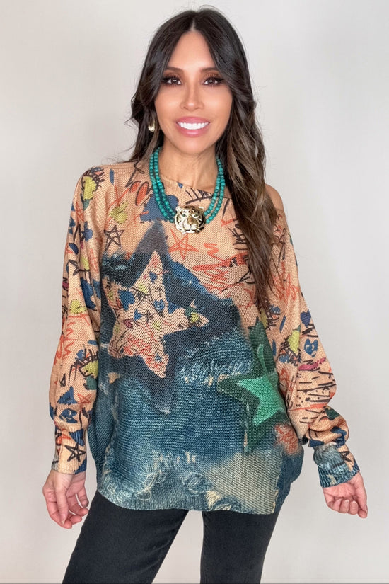 Navy Star Round Neck Knit Printed Sweater - Born To Glam Born To Glam