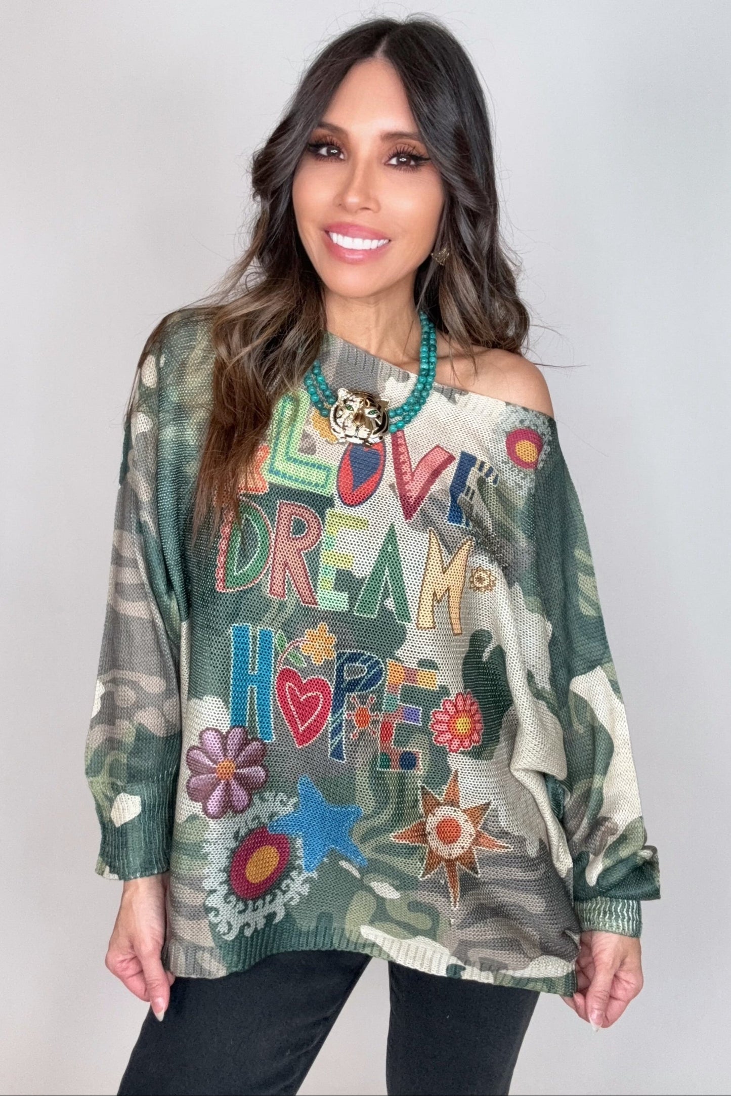Camo Round Neck Knit Printed Sweater - Born To Glam Born To Glam