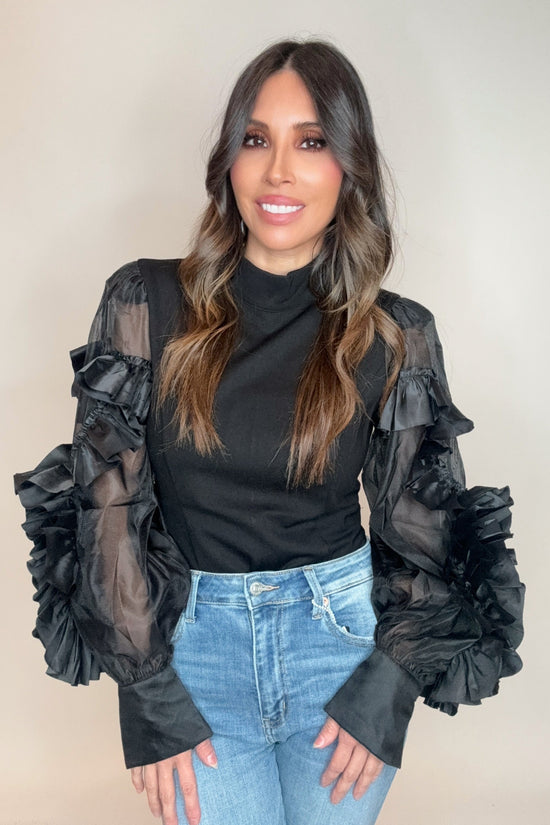 Rosette Ruffle Sheer Sleeve Jersey Top - Born To Glam Born To Glam