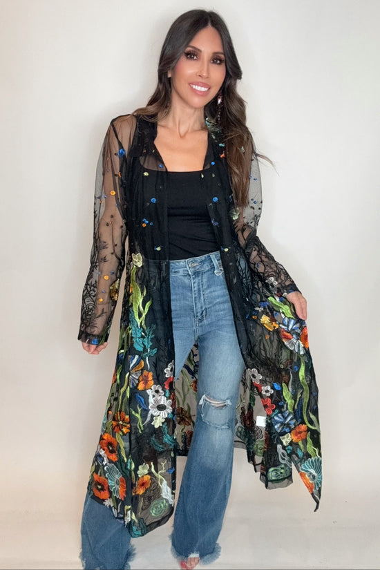 Long Black Embroidered Duster - Born To Glam Born To Glam