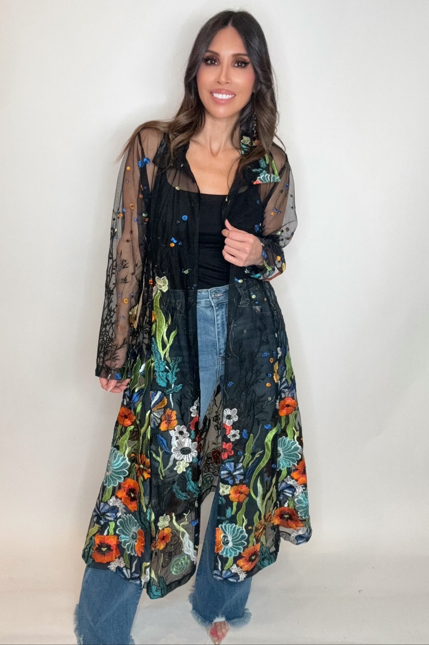 Long Black Embroidered Duster - Born To Glam Born To Glam