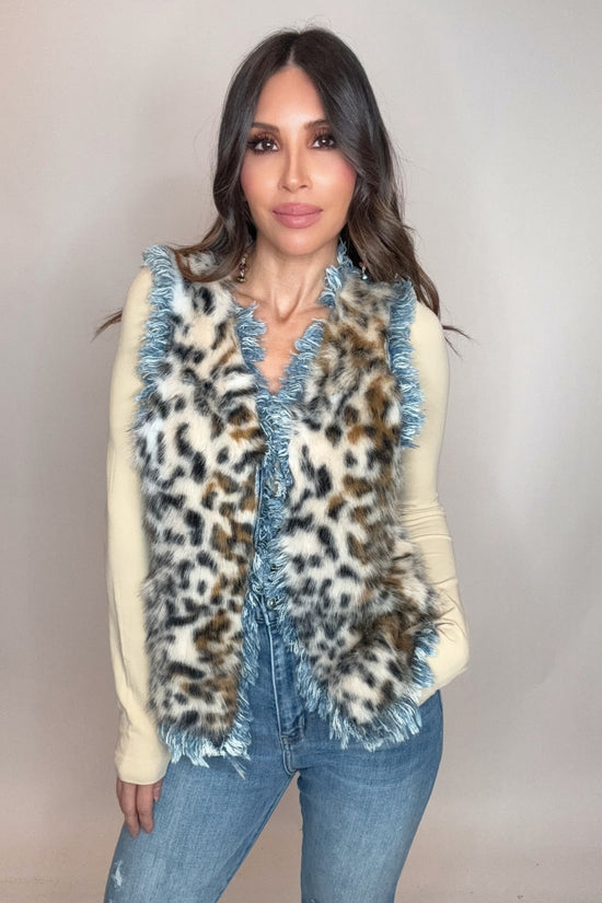 Denim Vest With Faux Fur Animal Print - Born To Glam Born To Glam