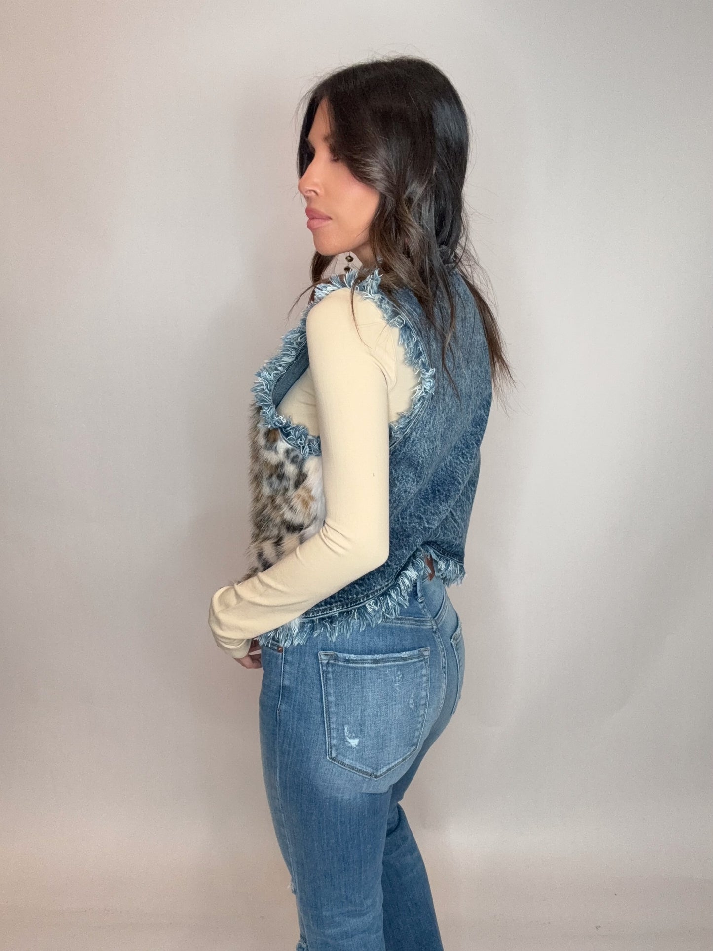 Denim Vest With Faux Fur Animal Print - Born To Glam Born To Glam