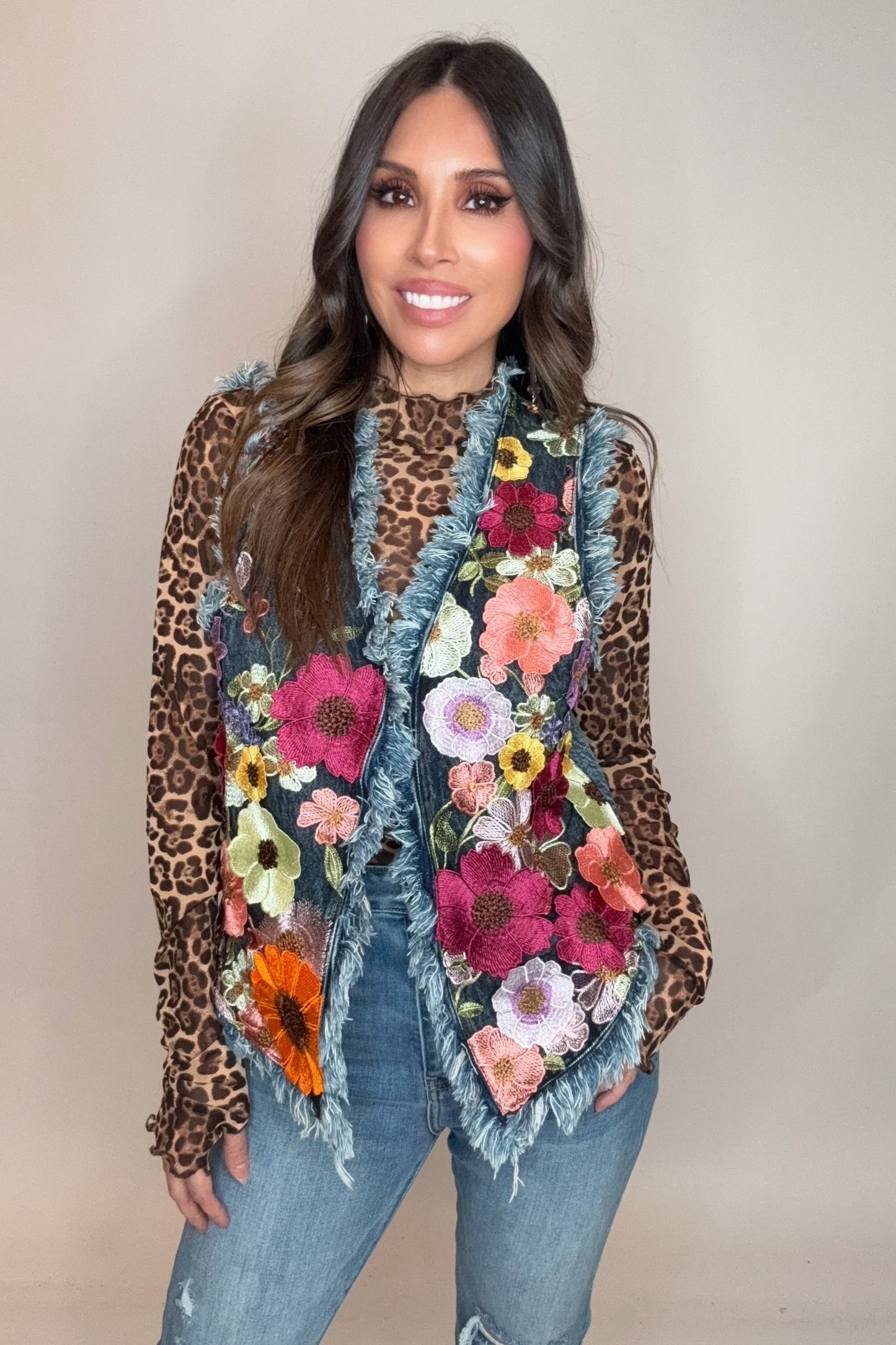 Denim Vest With Floral Embroidery - Born To Glam Born To Glam