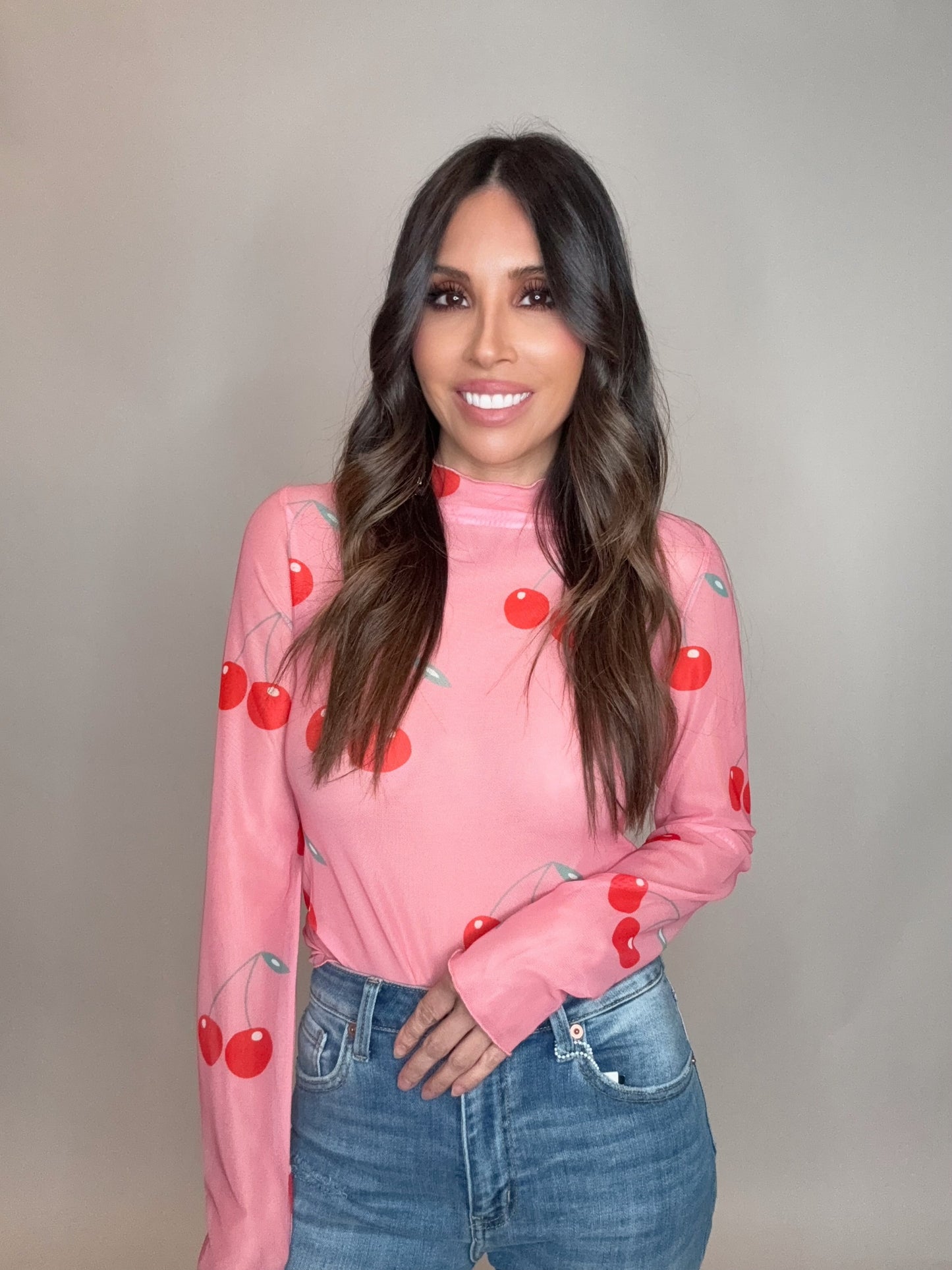 Pink Mesh Cherry Print Long Sleeve Top - Born To Glam Born To Glam