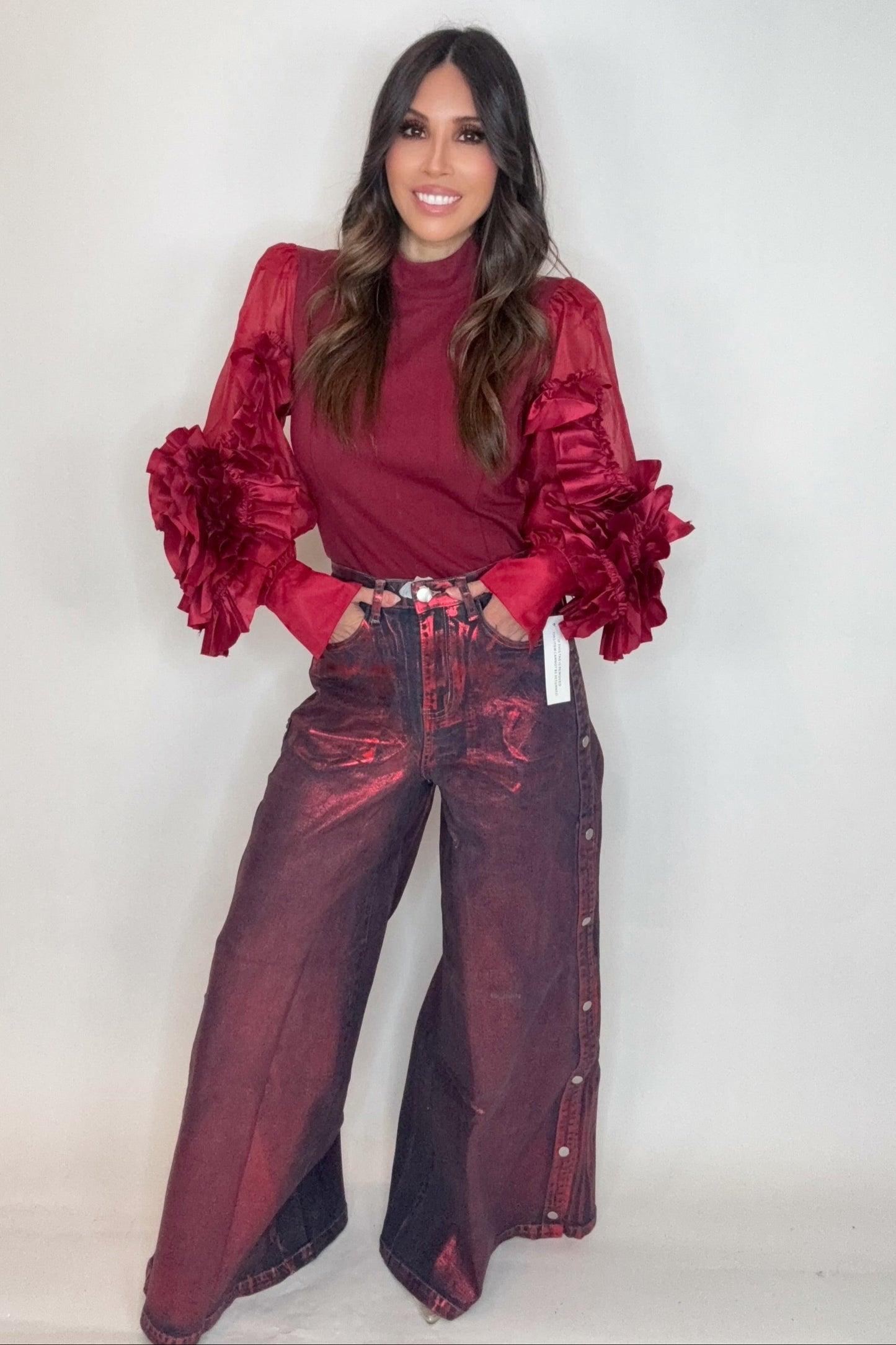 Rosette Ruffle Sheer Sleeve Jersey Top - Born To Glam Born To Glam