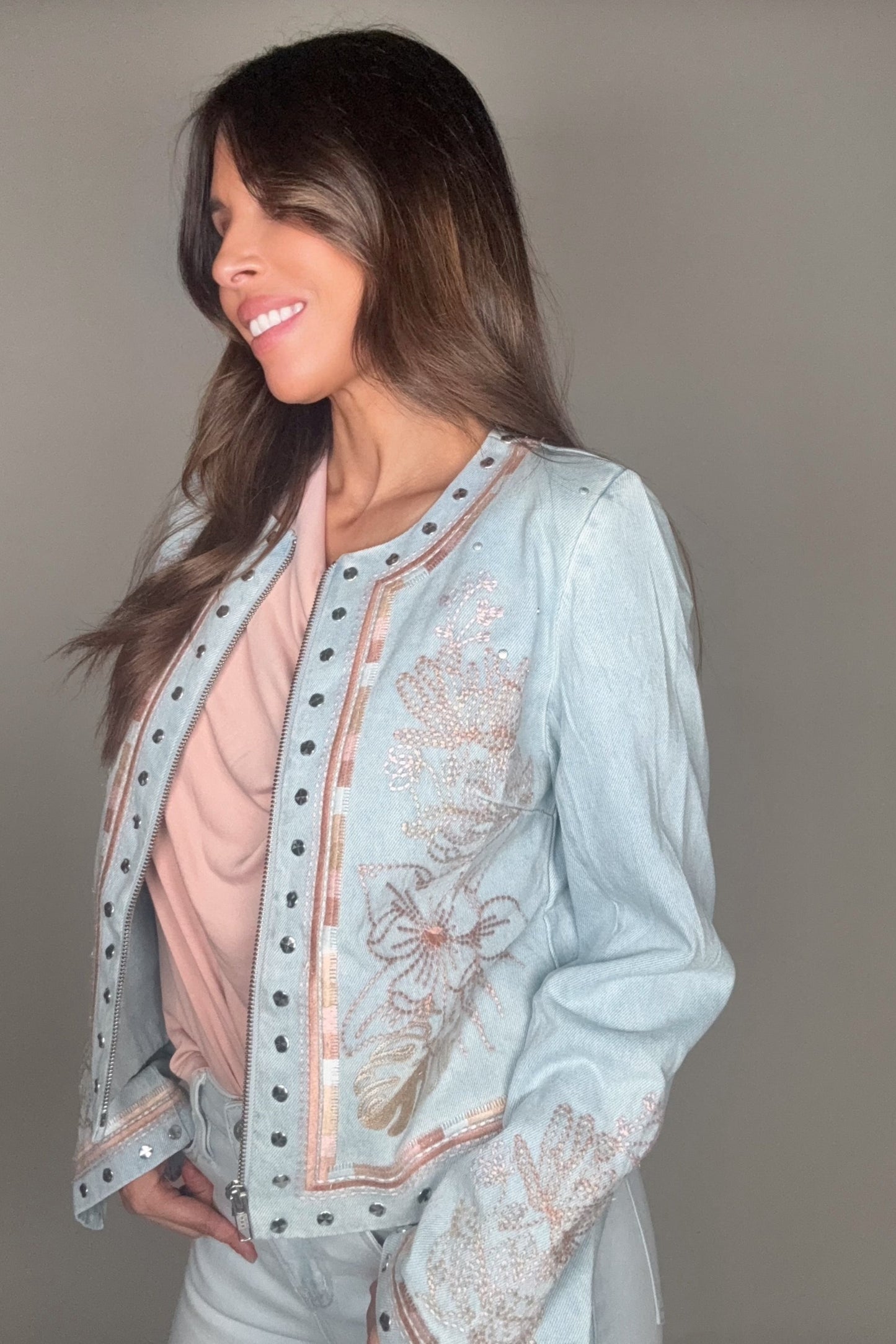 Embroidered Studded Denim Jacket - Born To Glam Born To Glam