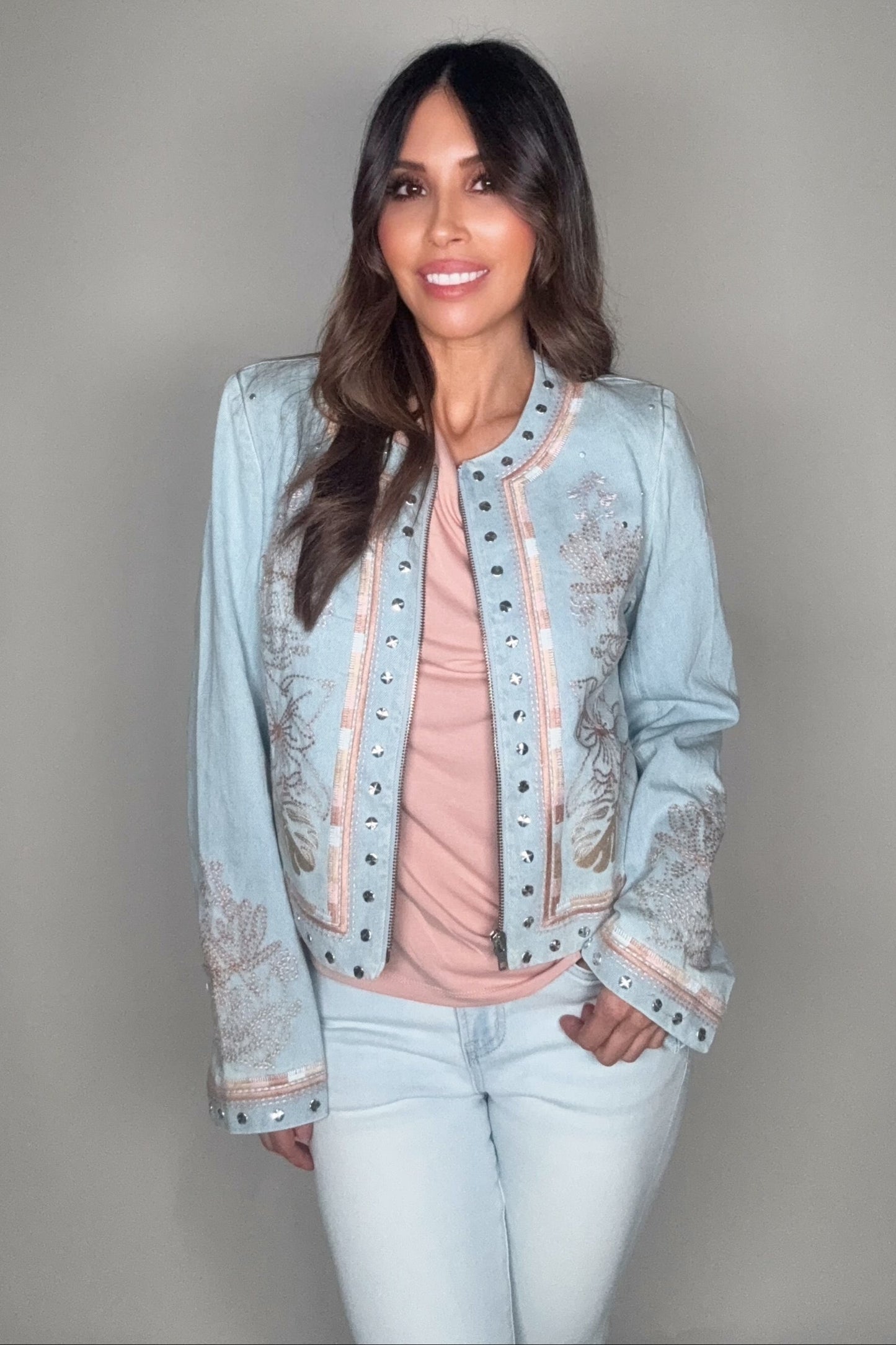 Embroidered Studded Denim Jacket - Born To Glam Born To Glam