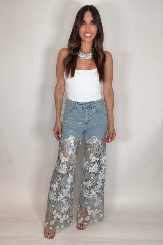 Blue High Rise Wide Leg Lace Embellished Jeans - Born To Glam Born To Glam